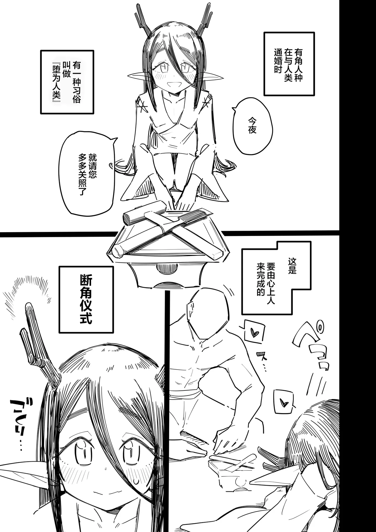 Kakujinshu ga Ningen to Konin suru Sai, Omoibito ni Tsuno o Otte Morau Koto de Ningen Ochi suru Fuushuu ga Aru | 有角人种有一种习俗在与人类通婚时,会由爱人亲手折断自己的角,通过这种方式堕为人类 page 2 full