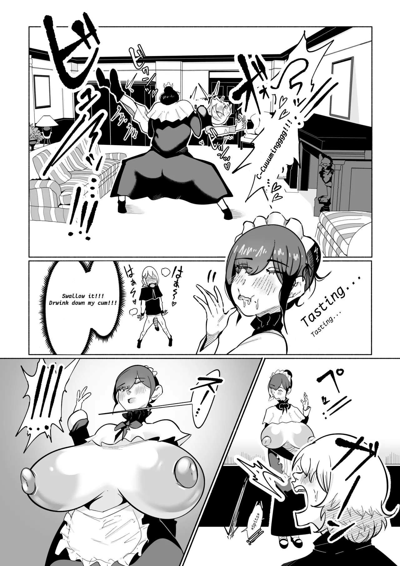 A story about a boy getting back at an expressionless, sadistic maid who teased his little penis. page 6 full